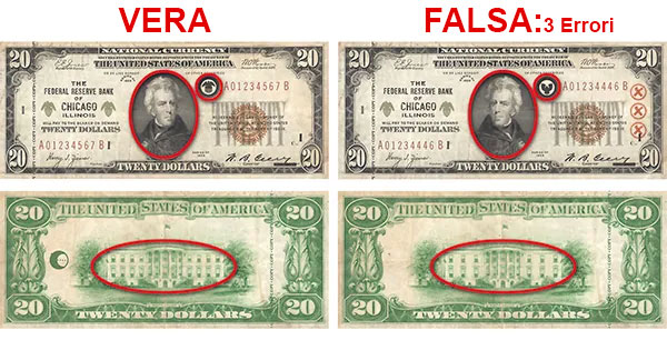 Images of bills, highlighting counterfeit mistakes of direction of president, symbol next to serial, and white house not having enough windows.