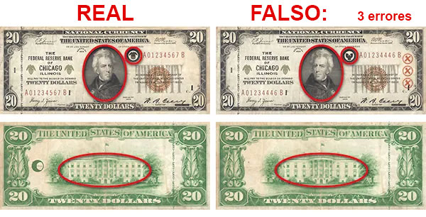 Images of bills, highlighting counterfeit mistakes of direction of president, symbol next to serial, and white house not having enough windows.