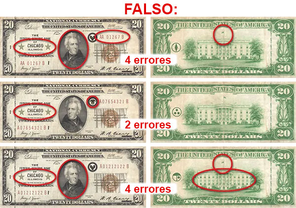 More images of bills, highlighting mistakes proving they are fakes.